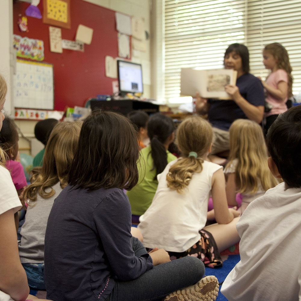 A group of students are photographed from the back sitting on a colorful classroom rug as a teacher reads a book to them in Wake County