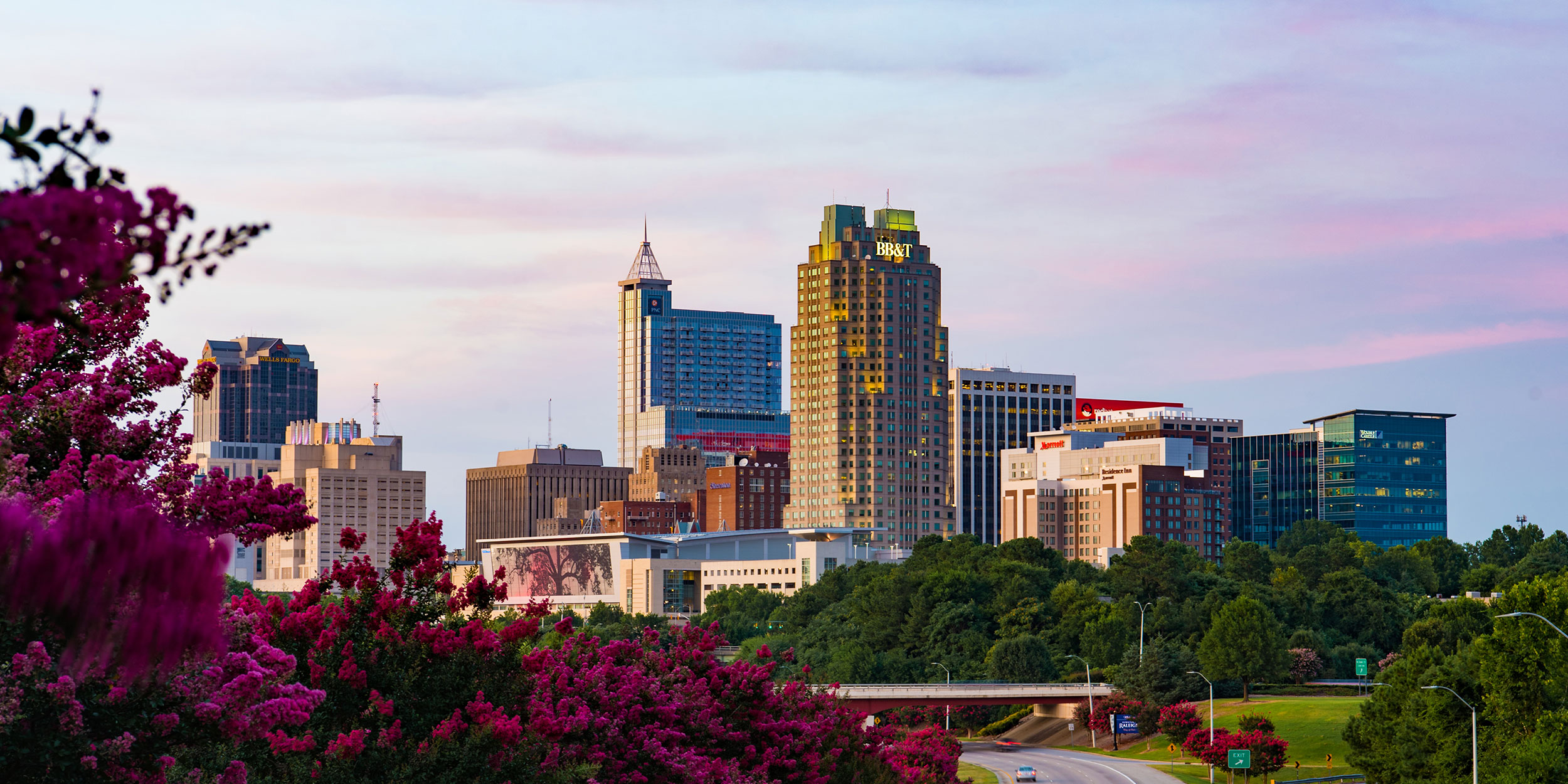 The skyline of Raleigh, NC at dusk with lush green spaces between stretches of highway and vibrant pink floral trees