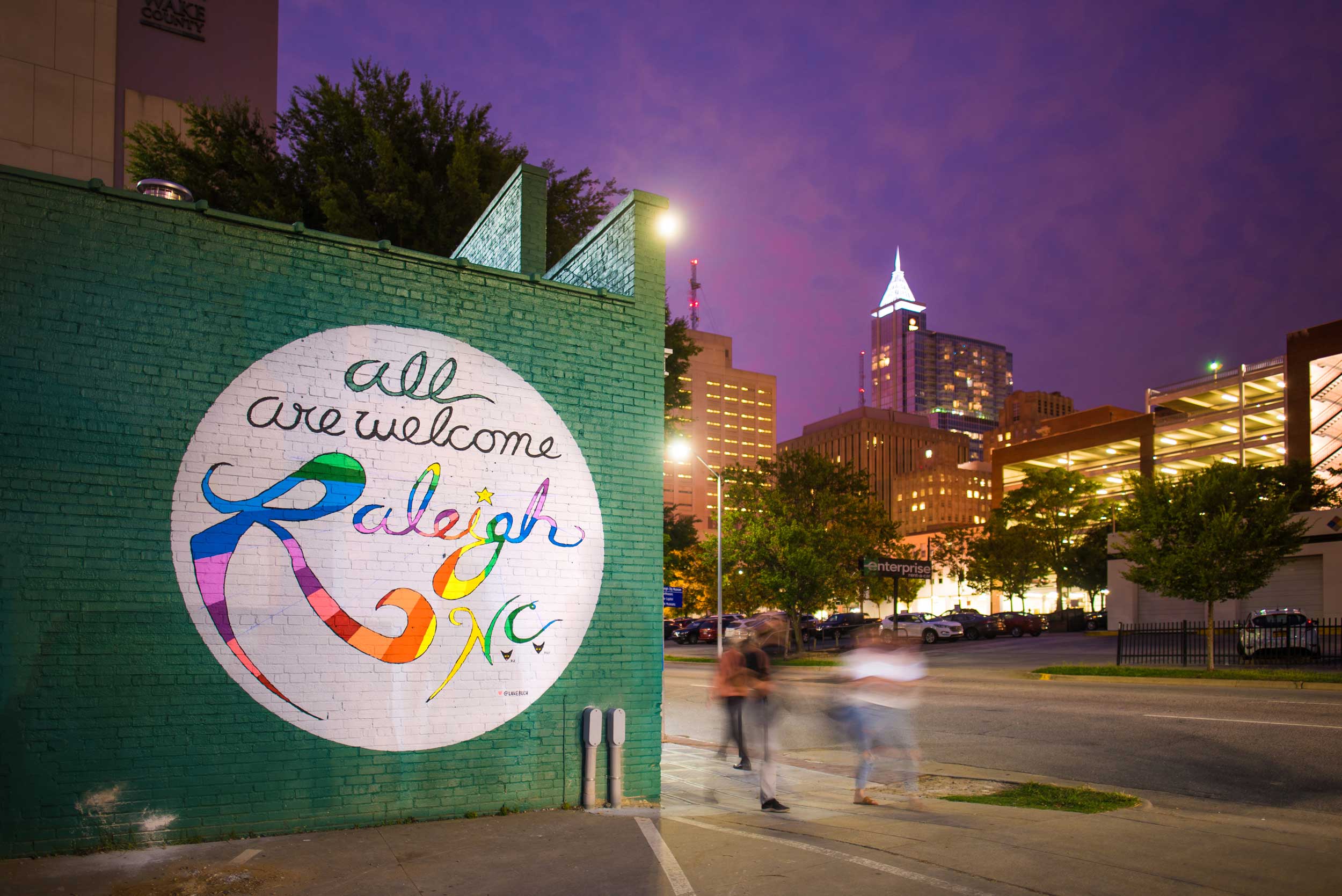Street view of Welcome to Raliegh painted mural